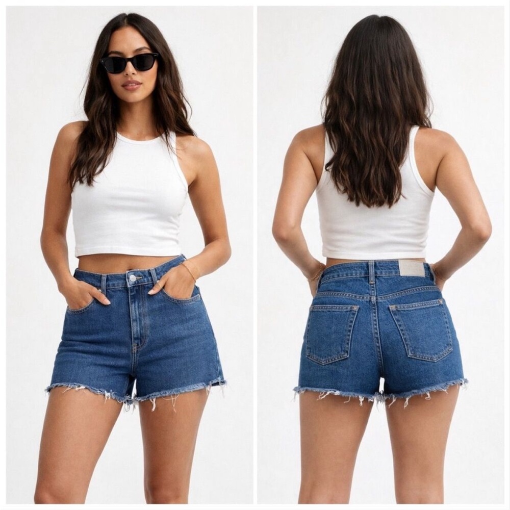 EVERLANE The Way-High Denim Short Dark Wash Raw Hem Jean Organic Cotton 26